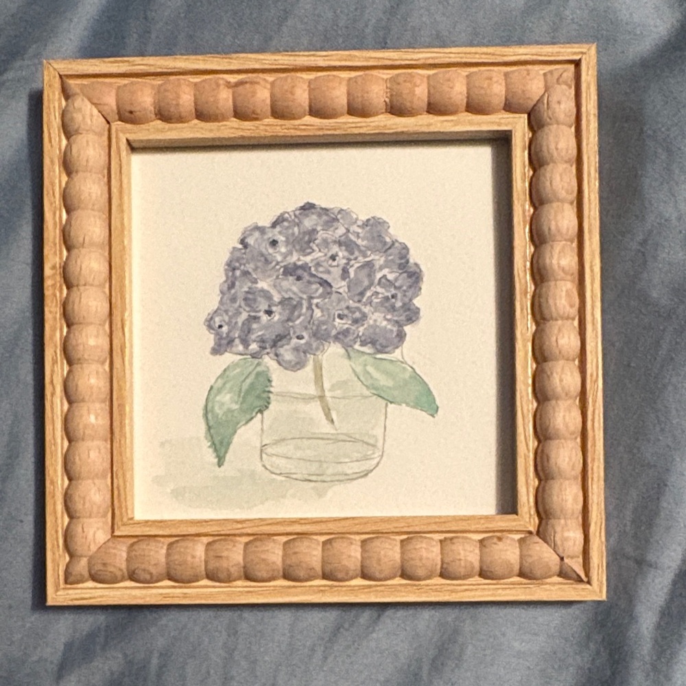 Framed Watercolor Hydrangea Art - Purple & Green 4x4 original handmade